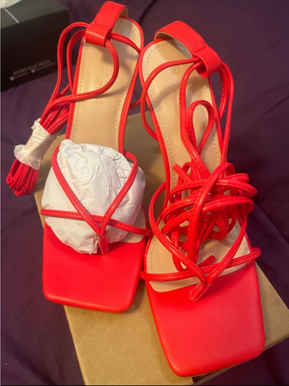 Women's Red Lace-Up Square-Toe Heels